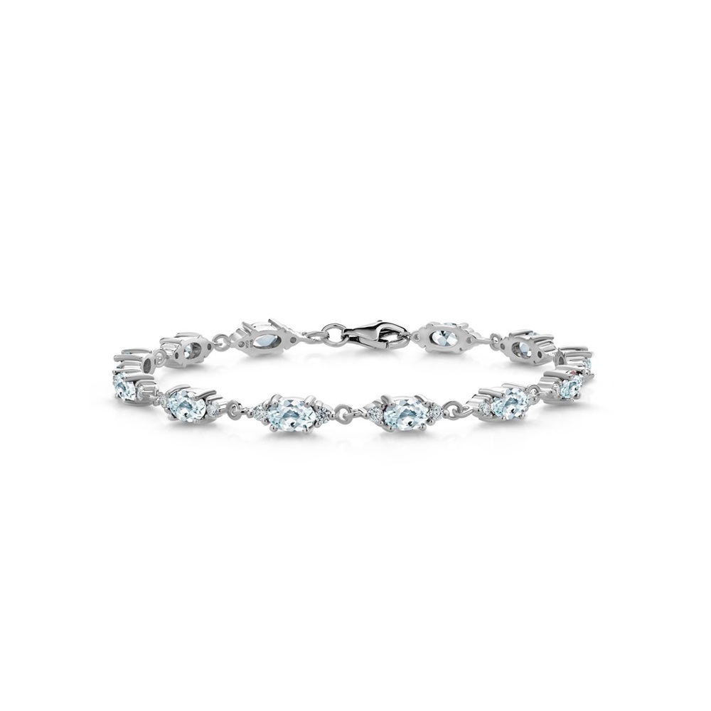 Gem Stone King 925 Sterling Silver Aquamarine & White Moissanite Tennis Bracelet